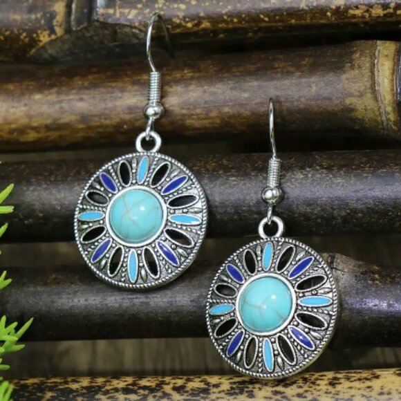 12 Pairs Turquoise Boho Tribal Geometric Earrings - Picture 11 of 12